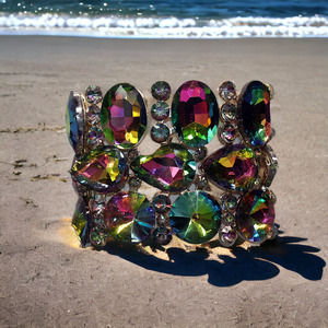 Glass Crystal Cluster Teardrop Gemstone Oil Spill Stretch Bracelet - Multi